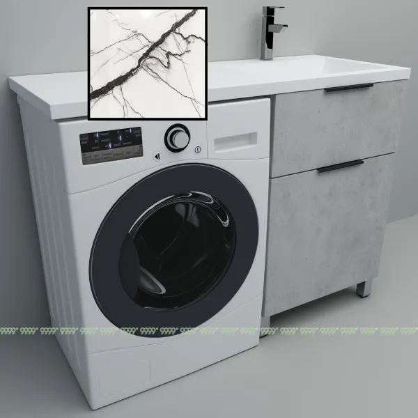Тумба с умывальником Дана Каскад Люкс 110 напольная на 2 ящика (чаша справа) цвет бетон чикаго/белый мрамор