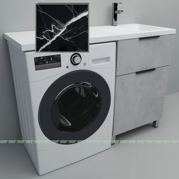 Тумба с умывальником Дана Каскад Люкс 130 напольная на 2 ящика (чаша справа) цвет бетон чикаго/черный мрамор