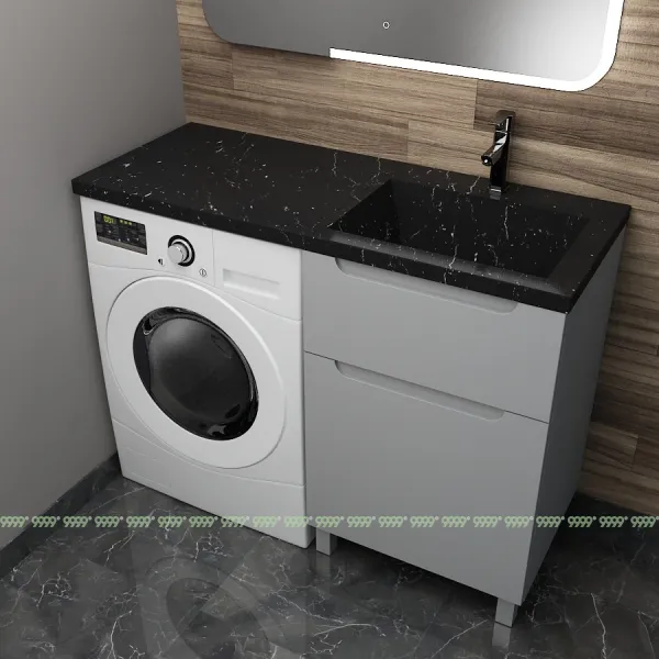 Тумба с умывальником Дана Виктория Люкс 120 напольная на 2 ящика (чаша справа) цвет оникс серый/черный мрамор