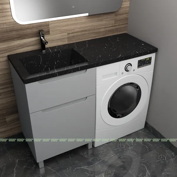 Тумба с умывальником Дана Виктория Люкс 120 напольная на 2 ящика (чаша слева) цвет оникс серый/черный мрамор