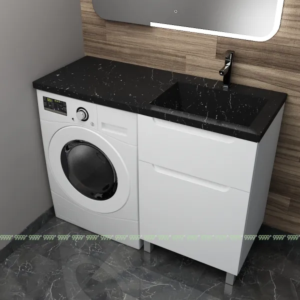 Тумба с умывальником Дана Виктория Люкс 130 напольная на 2 ящика (чаша справа) цвет белый/черный мрамор