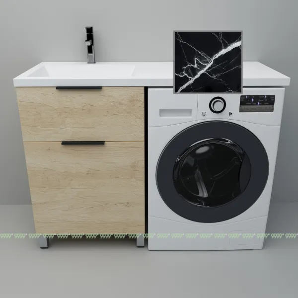 Тумба с умывальником Дана Каскад Люкс 110 напольная на 2 ящика (чаша слева) цвет дуб/черный мрамор