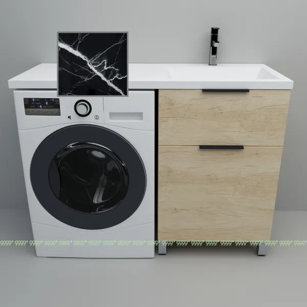 Тумба с умывальником Дана Каскад Люкс 120 напольная на 2 ящика (чаша справа) цвет дуб/черный мрамор