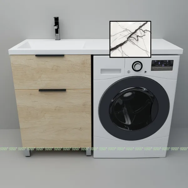 Тумба с умывальником Дана Каскад Люкс 130 напольная на 2 ящика (чаша слева) цвет дуб/белый мрамор