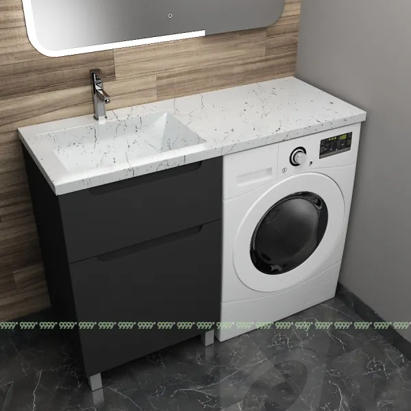 Тумба с умывальником Дана Виктория Люкс 120 напольная на 2 ящика (чаша слева) цвет черный/белый мрамор