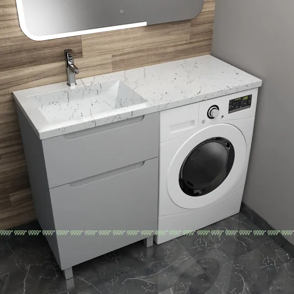 Тумба с умывальником Дана Виктория Люкс 130 напольная на 2 ящика (чаша слева) цвет оникс серый/белый мрамор