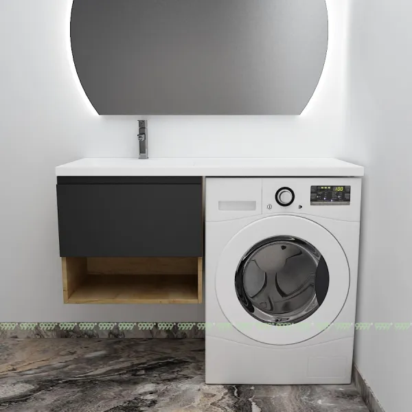 Тумба с умывальником Дана Оптима Люкс 120 подвесная (чаша справа) цвет дуб/черный/белый мрамор