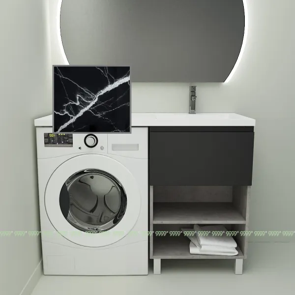 Тумба с умывальником Дана Оптима Люкс 130 напольная (чаша справа) цвет бетон чикаго/черный/черный мрамор