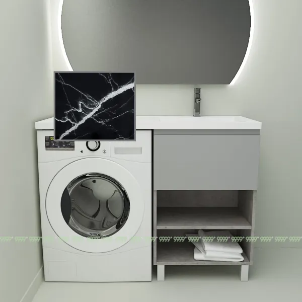 Тумба с умывальником Дана Оптима Люкс 130 напольная (чаша справа) цвет бетон чикаго/оникс серый/черный мрамор